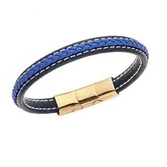 Βραχιόλι Senza Men&#039;s Steel Black &amp; Blue Leather Strap