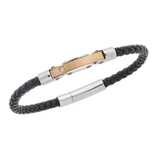 Βραχιόλι Senza Men&#039;s Silver&amp;Gold Stainless Steel With Black Leather