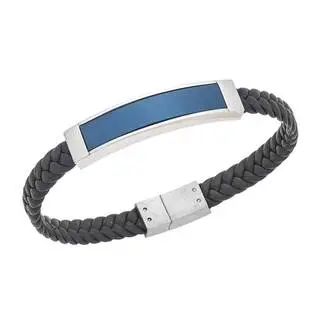 Βραχιόλι Senza Men&#039;s Silver&amp;Blue Stainless Steel With Black Leather