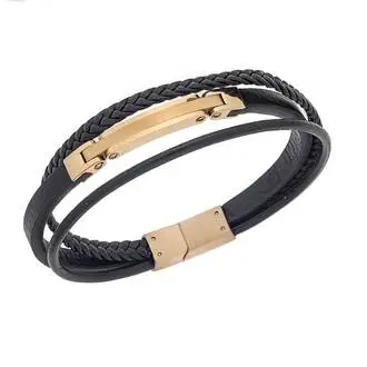 Βραχιόλι Senza Men&#039;s Gold Plated Stainless Steel With Black Leather