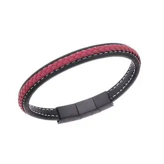 Βραχιόλι Senza Men&#039;s Steel Black &amp; Red Leather Strap