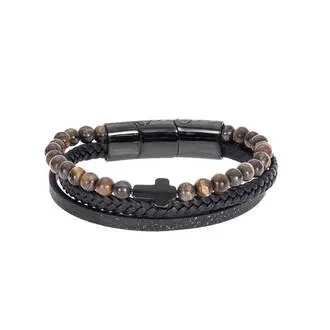 Βραχιόλι Senza Men&#039;s Steel Black Leather Strap with Cross