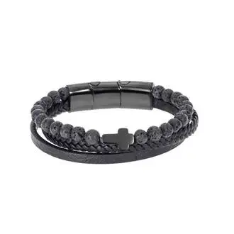Βραχιόλι Senza Men&#039;s Steel Black Leather Strap with Black Cross