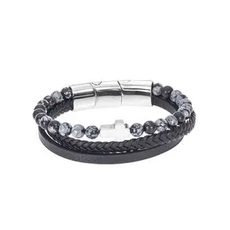 Βραχιόλι Senza Men&#039;s Steel Black Leather Strap with Cross