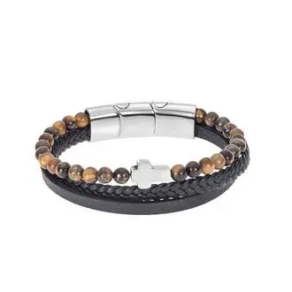 Βραχιόλι Senza Men&#039;s Steel Brown Leather Strap with Cross