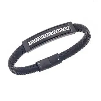Βραχιόλι Senza Men&#039;s Steel Black Leather Strap, με Μαίανδρο