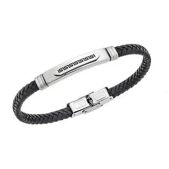 Βραχιόλι Senza Men&#039;s Steel Black Leather Strap, με Μαίανδρο