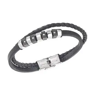 Βραχιόλι διπλό Senza Men&#039;s Steel, Black Leather Strap, με ασημί &amp; μαύρα στοιχεία και πέτρες