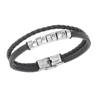 Βραχιόλι διπλό Senza Men&#039;s Steel, Black Leather Strap, με ασημί στοιχεία και πέτρες