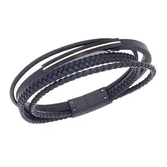 Βραχιόλι τετραπλό Senza Men&#039;s Steel, Black Leather Strap