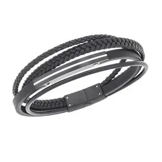 Βραχιόλι τετραπλό Senza Men&#039;s Steel, Black Leather Strap