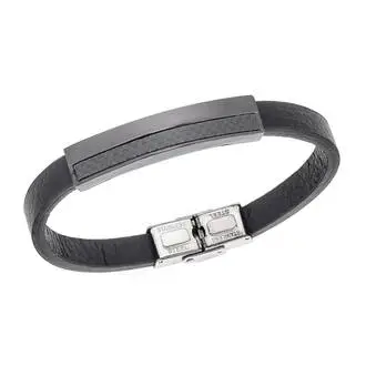 Βραχιόλι Senza Men&#039;s Steel, Black Leather Strap, με μαύρο σχέδιο