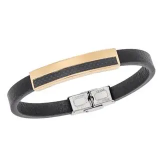 Βραχιόλι Senza Men&#039;s Gold Plated Steel, Black Leather Strap, με χρυσό &amp; μαύρο σχέδιο