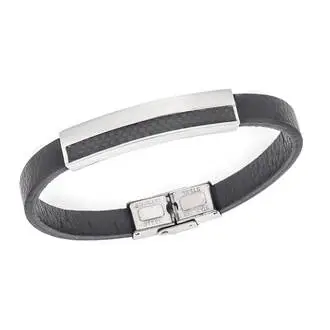 Βραχιόλι Senza Men&#039;s Steel, Black Leather Strap, με ασημί &amp; μαύρο σχέδιο