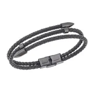 Βραχιόλι Senza Men&#039;s Steel, Black Leather Strap, με μαύρο σχέδιο