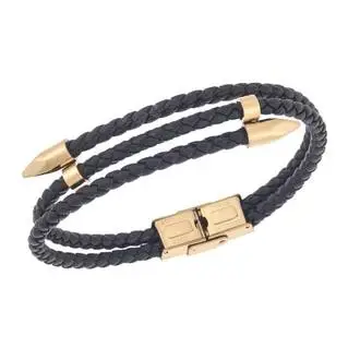 Βραχιόλι Senza Men&#039;s Gold Plated Steel, Black Leather Strap, με χρυσό &amp; μαύρο σχέδιο
