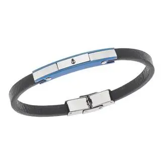 Βραχιόλι Senza Men&#039;s Steel, Black Leather Strap, ασημί &amp; μπλε σχέδιο με άγκυρα