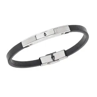 Βραχιόλι Senza Men&#039;s Steel, Black Leather Strap, ασημί σχέδιο με άγκυρα