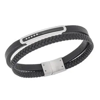 Βραχιόλι Senza Men&#039;s Steel, Black Leather Strap, ασημί &amp; μαύρη πλακέτα με πέτρες