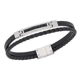Βραχιόλι Senza Men&#039;s Steel, Black Leather Strap, ασημί πλακέτα με μαύρες πέτρες