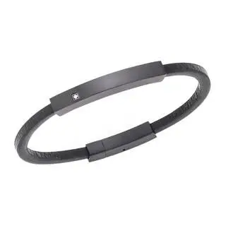 Βραχιόλι Senza Men&#039;s Steel, Βlack Leather Strap, με μαύρη ταυτότητα και πέτρα