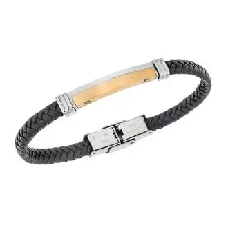 Βραχιόλι Senza Men&#039;s Gold Plated Steel, Βlack Leather Strap, με δίχρωμη ταυτότητα