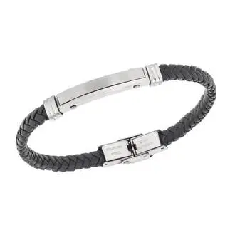 Βραχιόλι Senza Men&#039;s Steel, Βlack Leather Strap, με ασημί ταυτότητα