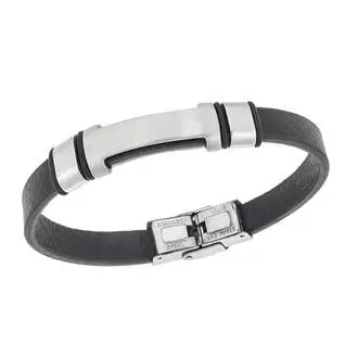Βραχιόλι Senza Men&#039;s Steel, Βlack Leather Strap, με ασημί ταυτότητα