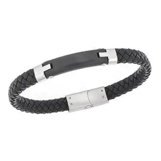 Βραχιόλι Senza Men&#039;s Steel, Βlack Leather Strap, με μαύρη ταυτότητα