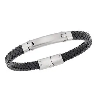 Βραχιόλι Senza Men&#039;s Steel, Βlack Leather Strap, με μαύρη ταυτότητα