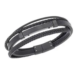 Βραχιόλι τετραπλό Senza Men&#039;s Steel, Black Leather Strap, με μαύρη ταυτότητα