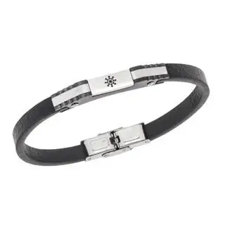 Βραχιόλι Senza Men&#039;s Steel, Black Leather Strap, Σχέδιο με τιμόνι