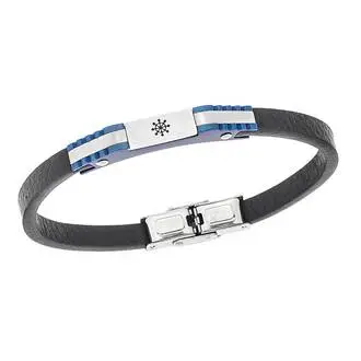 Βραχιόλι Senza Men&#039;s Steel, Black Leather Strap, Σχέδιο με τιμόνι