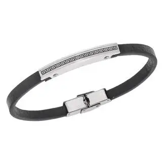 Βραχιόλι Senza Men&#039;s Steel, Black Leather Strap, Σχέδιο με μαίανδρο