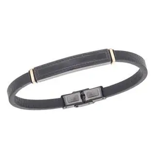 Βραχιόλι Senza Men&#039;s Steel, Black Leather Strap, Ταυτότητα με περιμετρικό μαίανδρο