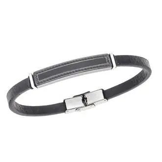 Βραχιόλι Senza Men&#039;s Steel, Black Leather Strap, Ταυτότητα με περιμετρικό μαίανδρο