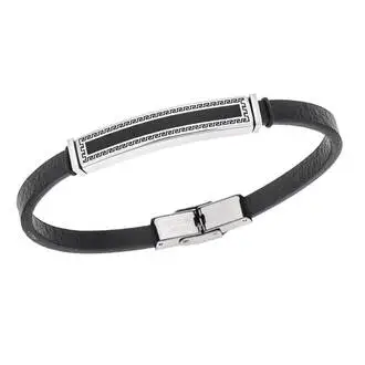 Βραχιόλι Senza Men&#039;s Steel, Black Leather Strap, Ταυτότητα με περιμετρικό μαίανδρο