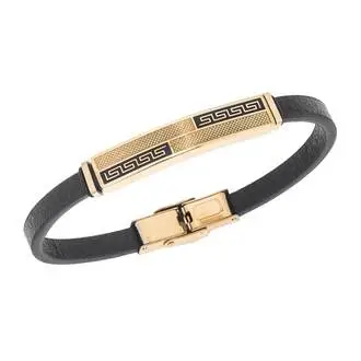 Βραχιόλι Senza Men&#039;s Gold Plated Steel, Black Leather Strap, με σχέδιο από διπλό μαίανδρο