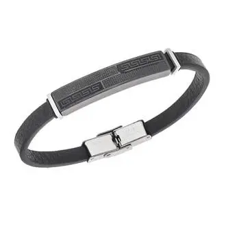 Βραχιόλι Senza Men&#039;s Steel, Black Leather Strap, με σχέδιο από διπλό μαίανδρο