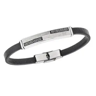 Βραχιόλι Senza Men&#039;s Steel, Black Leather Strap, με σχέδιο από διπλό μαίανδρο