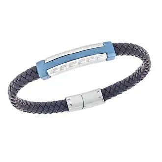 Βραχιόλι Senza Men&#039;s Steel, Black Leather Strap, Δίχρωμο σχέδιο με διπλό μαίανδρο