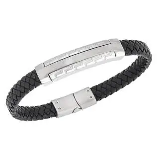 Βραχιόλι Senza Men&#039;s Steel, Black Leather Strap, Δίχρωμο σχέδιο με διπλό μαίανδρο