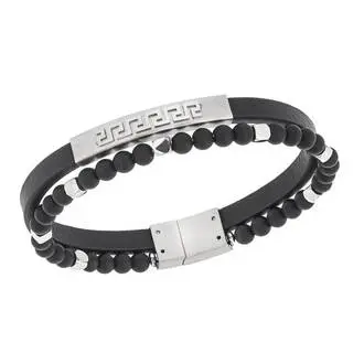 Βραχιόλι Senza Men&#039;s Steel, Black Leather Strap, Διπλό με ασημί μαίανδρο