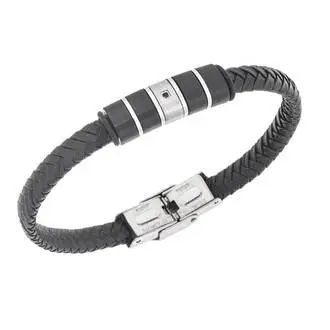 Βραχιόλι Senza Men&#039;s Steel, Black Leather Strap, με ασημί &amp; μαύρα στοιχεία και μαύρη πέτρα