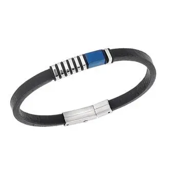 Βραχιόλι Senza Men&#039;s Steel, Black Leather Strap, με ασημί &amp; μπλε στοιχεία