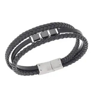 Βραχιόλι τριπλό Senza Men&#039;s Steel, Black Leather Strap, με ασημί &amp; μαύρα στοιχεία