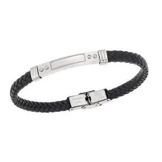 Βραχιόλι Senza Men&#039;s Steel, Black Leather Strap, με ασημί ταυτότητα