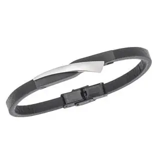 Βραχιόλι Senza Men&#039;s Black Steel, Black Leather Strap, με μαύρο &amp; ασημί σχέδιο
