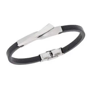 Βραχιόλι Senza Men&#039;s Steel, Black Leather Strap, με ασημί σχέδιο