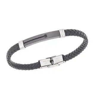 Βραχιόλι Senza Men&#039;s Steel, Black Leather Strap, δίχρωμο με μαύρη πέτρα